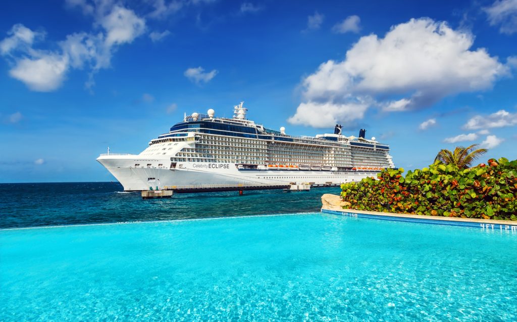 the View from infinity pool on Cruise ship Celebrity Eclipse docked at port Willemstad.