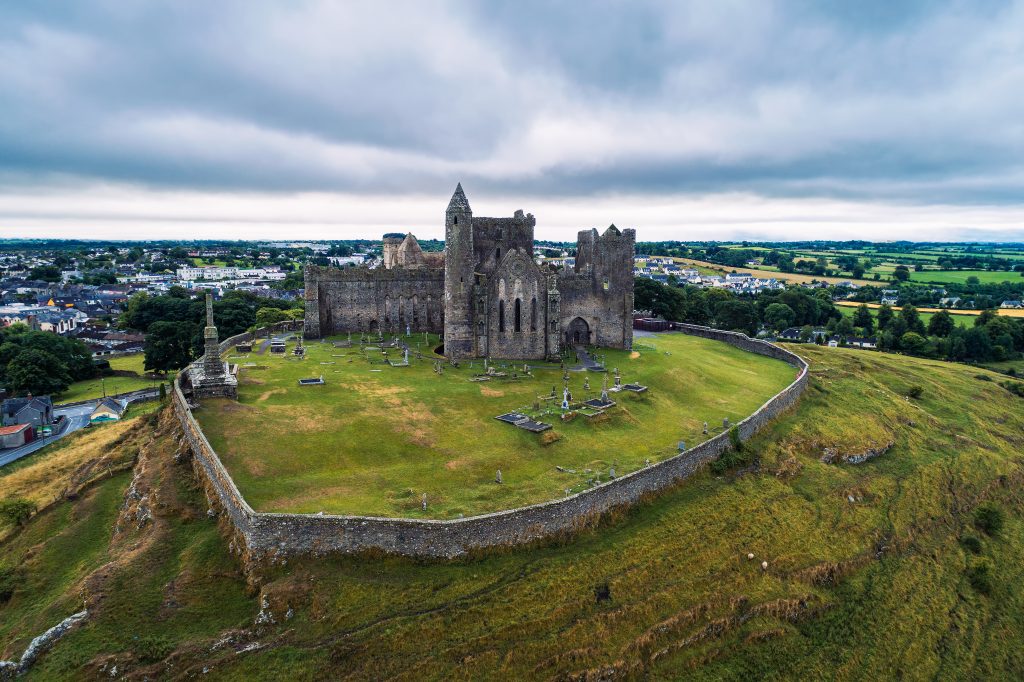 Aerial view of the Rock of Cashel, also known as Cashel of the Kings and St. Patrick's Rock, is a historic irish abbey in Tipperary county, Ireland