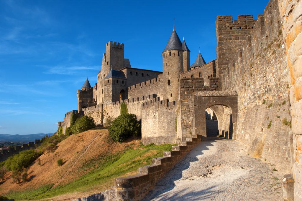 Walls and towers of medieval castle of Carcassonne, France