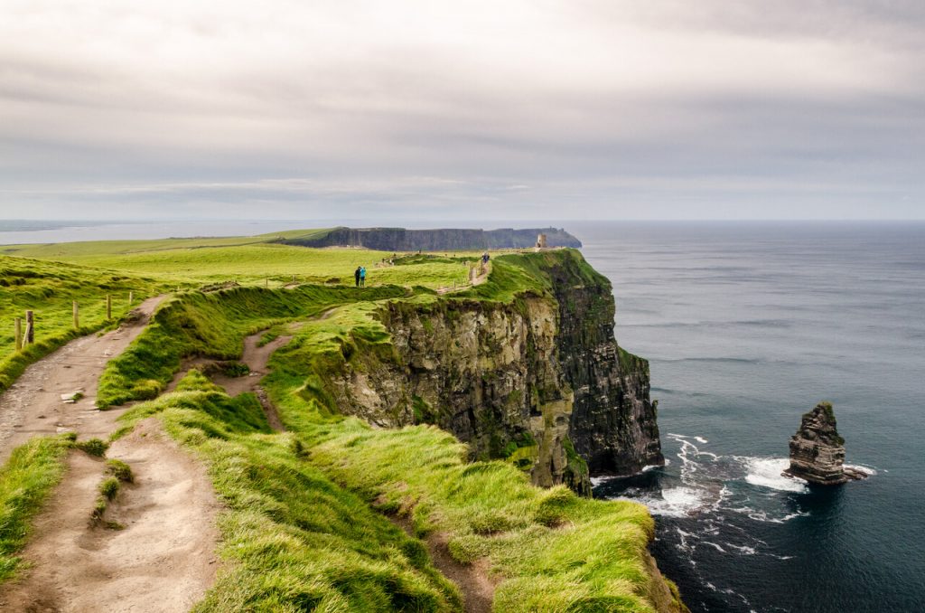 People at Ireland's Cliffs of Moher on a partially cloudy day.