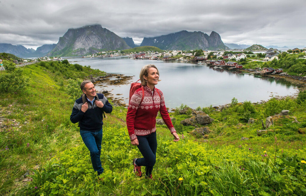 Couple hiking on the Lofoten Islands,