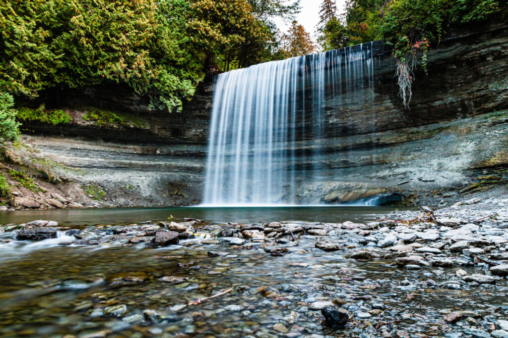 Waterfall on Manitoulin Island in Ontario Canada at Sunset.