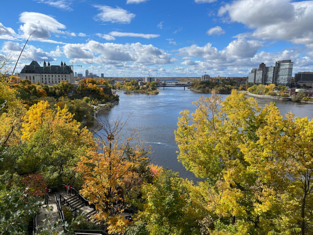 Aerial autumnal view of the forest and Ottawa river in Canada