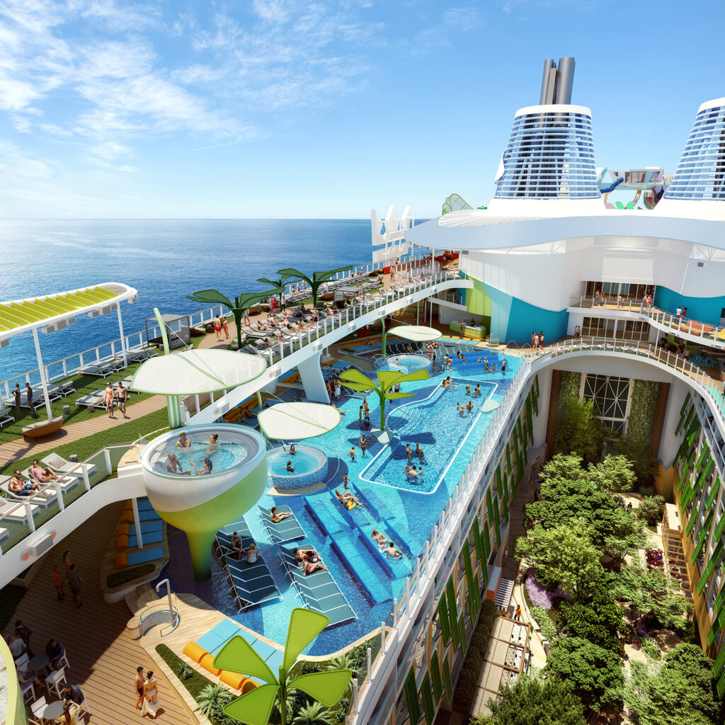 IC, Icon of the Seas, 3D rendering, sailing January 2024 from Miami, aerial showing pool deck with Royal Bay Pool, the largest pool at sea, with in-water loungers and raised whirlpools with elevated views, overhead view of Central Park, IMPORTANT: This is a 3D rendering that expires on 3/1/2024. Please remember to replace this graphic with an actual photo when those become available in future.