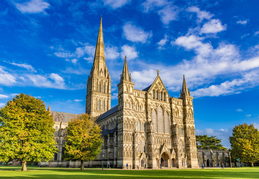 Salisbury Cathedral, formally known as the Cathedral Church of the Blessed Virgin Mary, an Anglican cathedral in Salisbury, England.