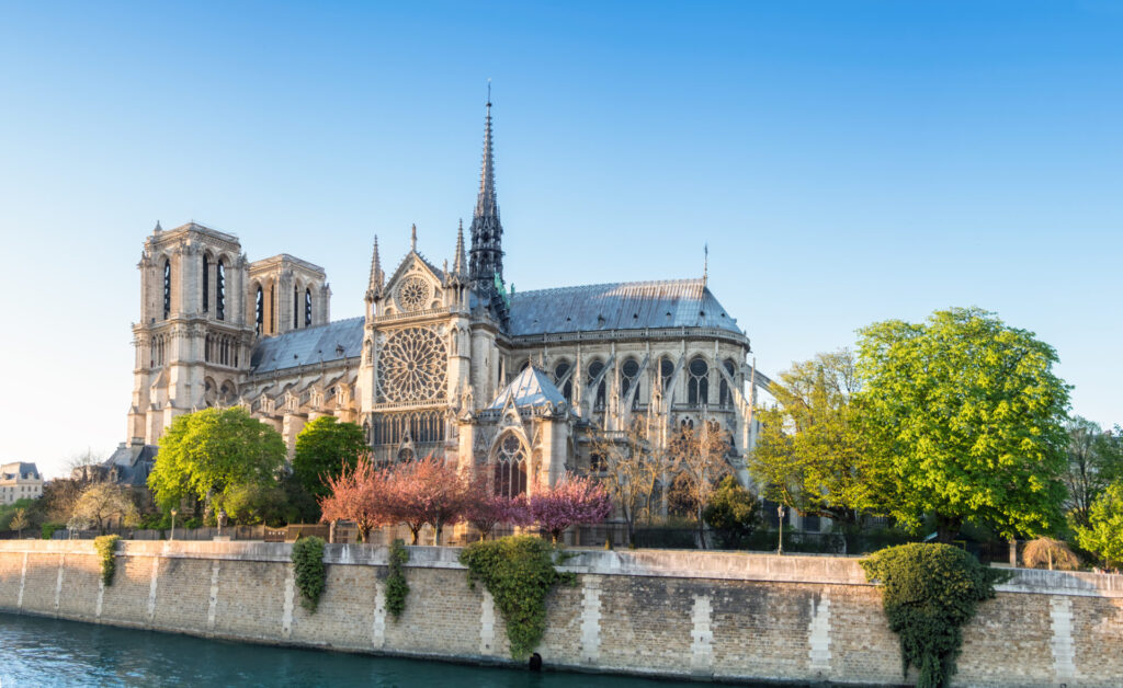 Notre Dame Cathedral in Paris on a bright afternoon in Spring