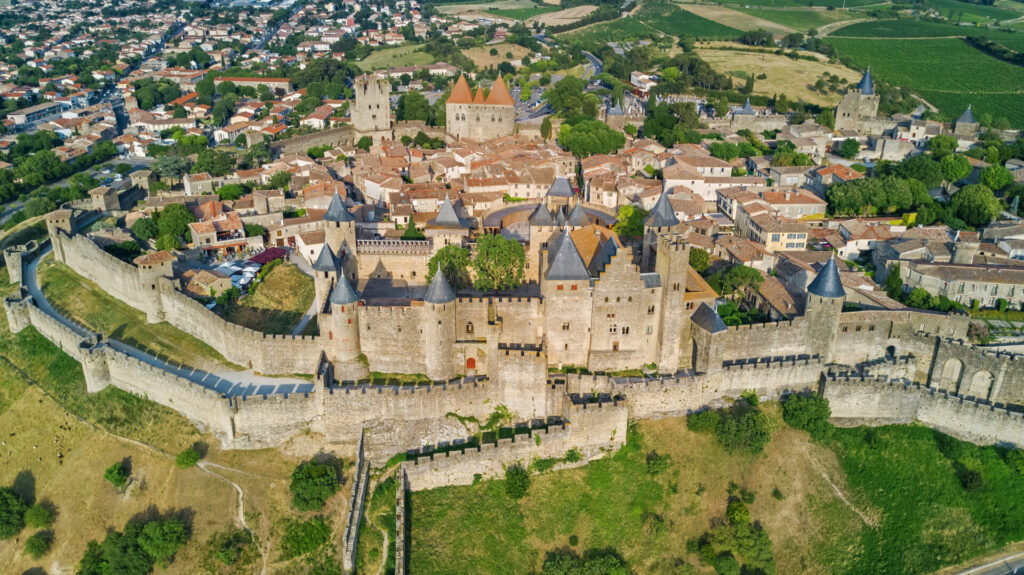 Aerial top view of Carcassonne medieval city and fortress from above, Sourthern France