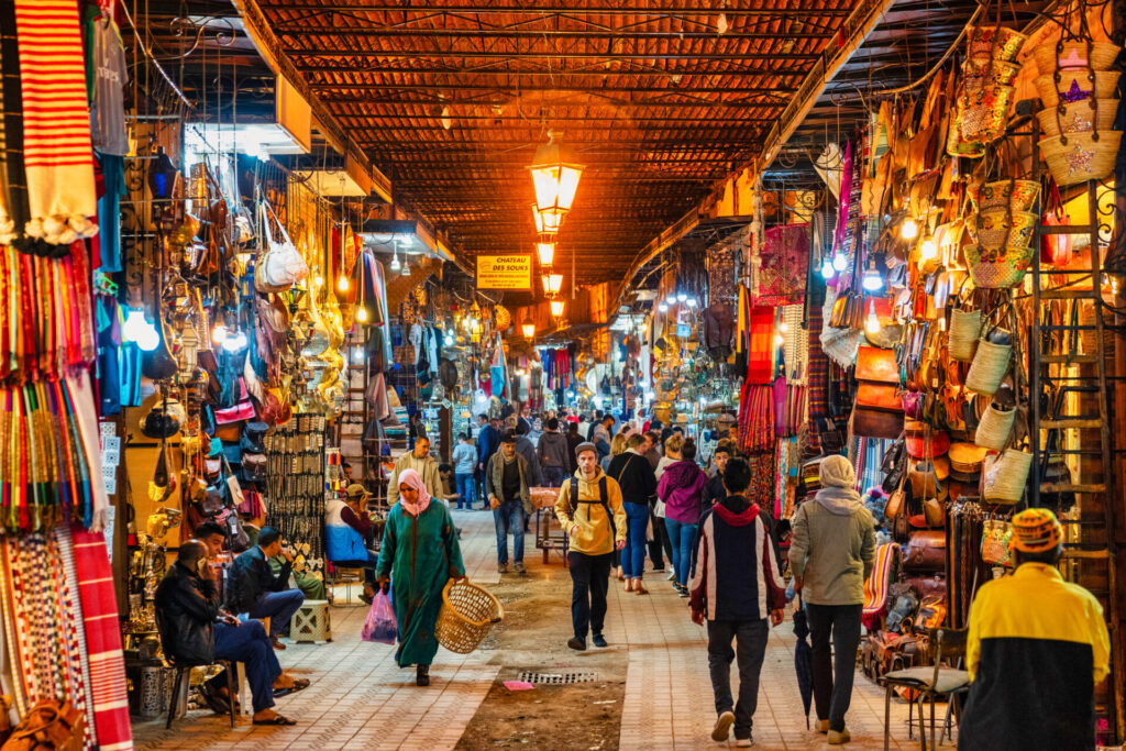 Busy street in the souks of Marrakech, Morocco